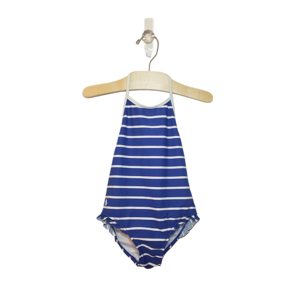 Ralph Lauren 18m Blue and White Striped Halter One Piece Ruffle Swimsuit